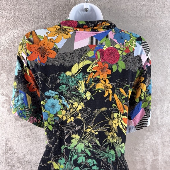Johnny Was Nero Sequence Polo Shirt Womens Size Medium Black Floral Viscose - Picture 7 of 10